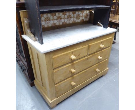 A VICTORIAN PINE WASHSTAND, HAVING DRESSING TABLE SWING MIRROR, OVER RAISED TILE BACK, GREY VEINED MARBLE TOP OVER TWO SHORT 