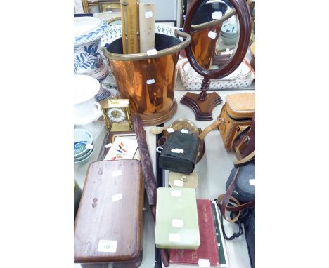 MINOR COLLECTABLE'S TO INCLUDE; A COPPER COAL BUCKET, A TRENCH ART BRAS DISH WITH LID, A SMALL 'SWIZA' CLOCK, PLAYING CARDS, 