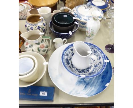 A LARGE 'BOOTHS' CIRCULAR BLUE AND WHITE TUREEN AND COVER WITH LADLE, A QUANTITY OF POTTERY JUGS AND VASES, A LARGE DELFT BLU
