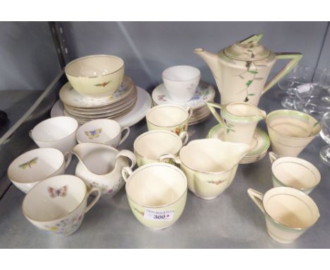 ART DECO SOLIAN WARE 'FASHION' PATTERN NINE PIECE PART COFFEE SET, COFFEE POT, CREAM JUG, SUGAR BASIN, TWO CUPS AND FOUR SAUC