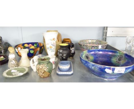 NEWHALL BOUMIER WARE LUSTRE FRUIT BOWL, 21cm DIAMETER; BURLEIGH WARE BLUE LUSTRE LARGE BOWL AND VARIOUS CERAMIC SMALL VASES A