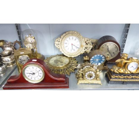 TEN CLOCKS VARIOUS TO INCLUDE; ANNIVERSARY CLOCK UNDER GLASS DOME, TWO WALL CLOCKS, OAK CASED NAPOLEON MANTEL CLOCK, CARRIAGE