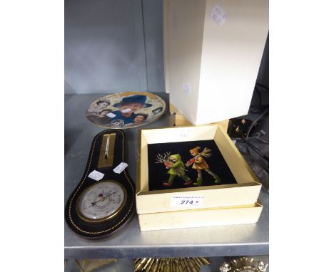 A PAIR OF SMALL PAINTING ON BLACK VELVET OF CHILDREN; AN ANEROID BAROMETER ON LEATHER STRAP; A ROYAL WORCESTER CHINA PLAQUE '