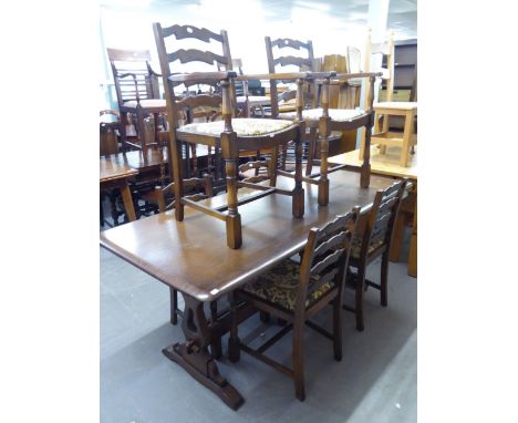 PROBABLY PRIORY OAK PERIOD STYLE DINING ROOM SUITE OF EIGHT PIECES, VIZ A SET OF SIX CHAIRS INCLUDING A PAIR OF CARVERS ARMCH