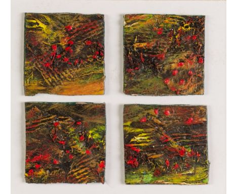JEANNIE LATHAM (TWENTIETH/ TWENTY FIRST CENTURY) TWO MIXED MEDIA WORKS, each in four square sections 'Strawberry Beds' and 'F