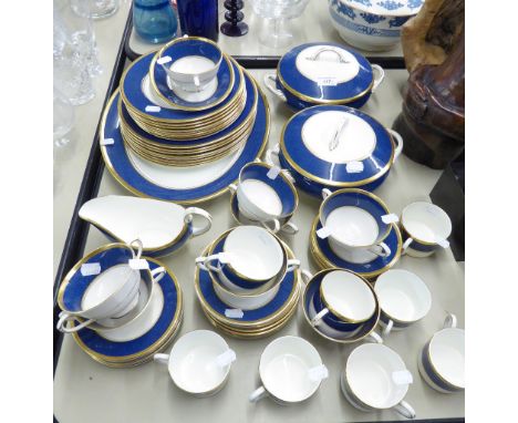 COALPORT CHINA DINNER WARES IN BLUE AND WHITE DECORATION, TO INCLUDE; TWO TUREENS, PLATTER, CUPS, PLATES AND SAUCERS (60 PIEC