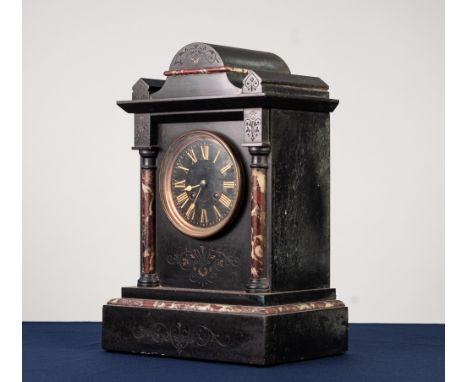 LATE 19th CENTURY BLACK SLATE AND VEINED MARBLE MANTEL CLOCK, the French movement striking on coiled gong, 15 1/2" (39.5cm) h