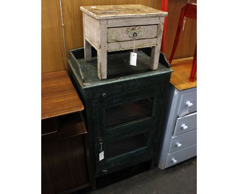 An Assortment of Distressed ItemsIncluding a dark green glazed cupboard with two shelves, a white single drawer lowline side 