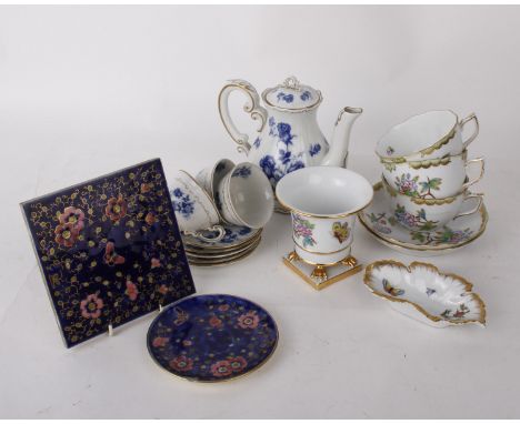  Zsolnay tile &amp; saucer in blue glaze with pink and gold flowers, a blue and white teapot and 3 cups and 5 saucers togethe