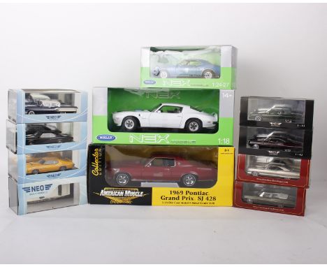 A collection of eleven Pontiac of varying scale and model car manufacturers. To include a 1:18 scale NEX Pontiac ‘Firebird’ T