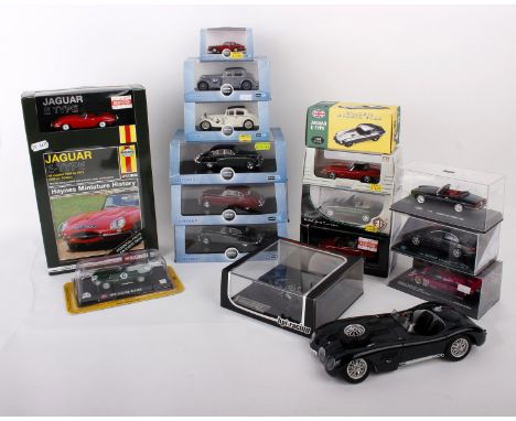 Seventeen Jaguar model cars in varying scales and from multiple manufacturers. Oxford: 1:76 scale Jaguar XJS, 1:43 scale Jagu