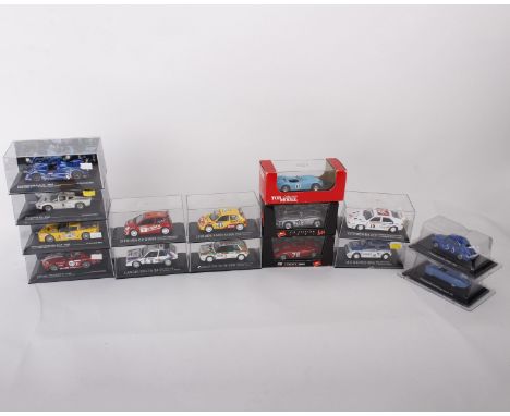 Fifteen 1:43 scale racing model cars from various manufacturers. Ixo: Citroen Saxo S1600- 2002, Lancia Delta HF 4WD- 1987, Ci