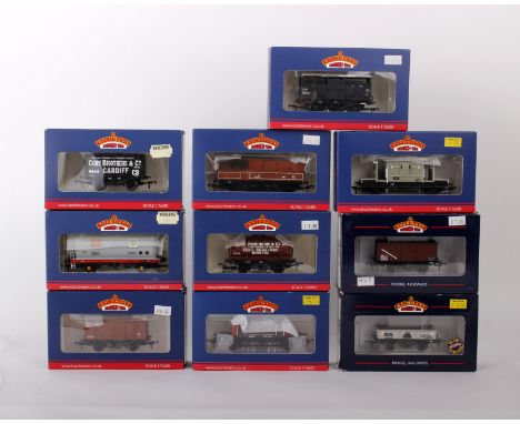 Ten Bachmann Branch-Line 1:76 scale wagons to include 16 Ton Steel Mineral Wagon BR, 8 Ton Cattle Wagon, 20T Brake Van, 7 Pla