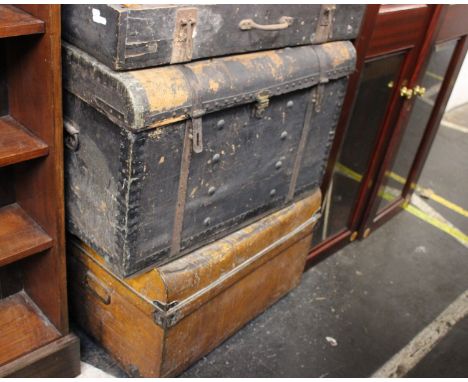 Three Antique Trunks and a Collection of Vintage Tools (As Found)One metal trunk, one canvas and metal bound and one timber a