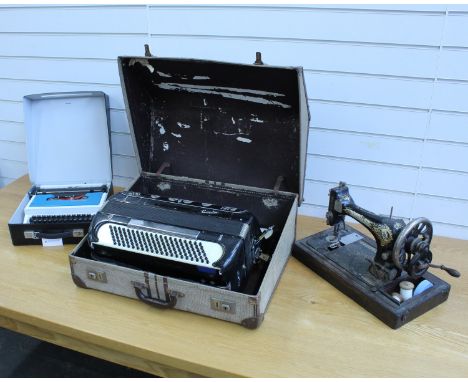 A Gaudini Accordion With Case together with an Underwood 315 Typewriter With Case and a Singer Sewing Machine (As Found)