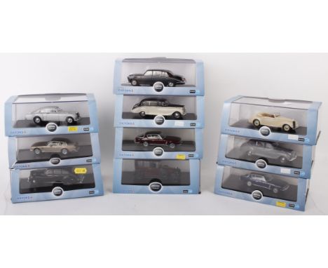 Ten Oxford Automobile Company 1:43 scale model cars to include Black Austin Princess, Jensen Interceptor, Shell Bentley S1, A