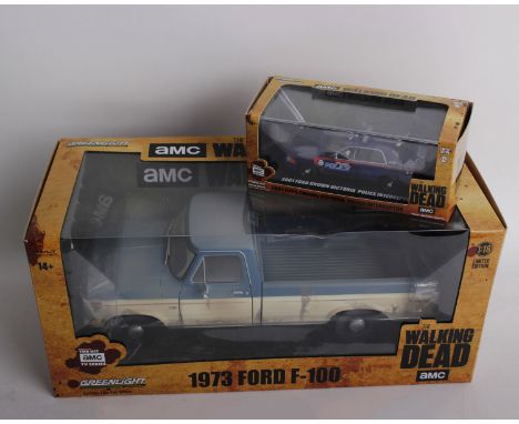 Two Greenlight model cars from AMC The Walking Dead. A 1:18 scale 1973 Ford F-100 and a 1:43 scale 2001 Ford Crown Victoria P