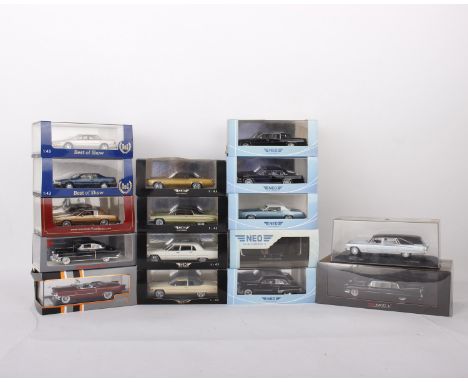 A collection of sixteen 1:43 scale Cadillac model cars. To include a TSM Cadillac Series 75 Limousine- 1959, a Spark Cadillac