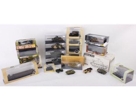 Twenty-two military related model vehicles in varying scales and manufacturers. Oxford Military: 1:76 scale David Brown Tract