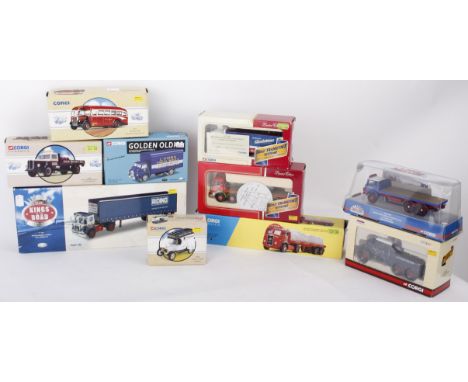 Nine boxed Corgi model cars in varying scales. To include 1:50 scale Marques of Distinction Bedford KM 6 Wheel Platform Lorry