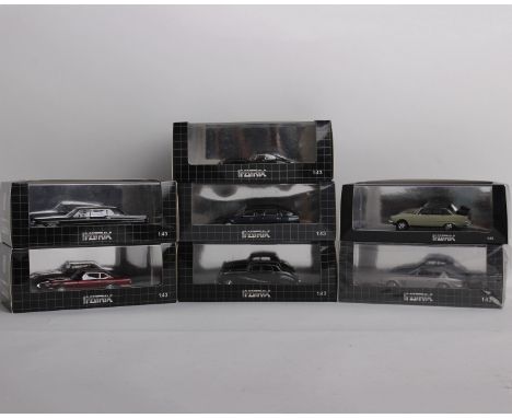 A collection of seven 1:43 scale Matrix model cars to include a Jensen Interceptor FF Series II (59/199pcs), a Maserati Mexic