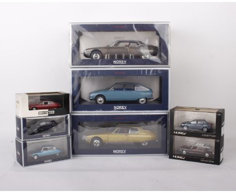 A collection of eight Citroen model cars from 1:18 to 1:43 scale. To include Norev 1:18 scale Citroen SM- 1971, a 1:18 scale 