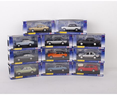 A collection of eleven Corgi Die-Cast 1:43 scale model Ford cars. To include Ford Granada Mk2 S1, Ford Escort Mk2 1.3 Ghia, F