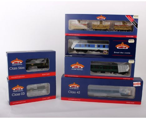 Six Bachmann Branch-Line 1:76 scale model railways. To include Class 56xx Tank, Class 03 Diesel Shunter, set of three 14T Tan