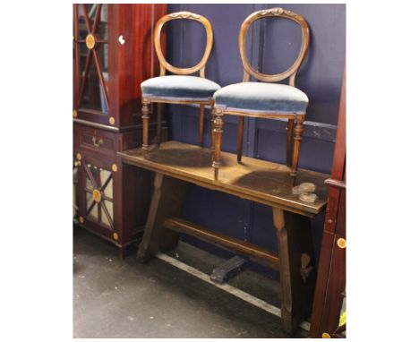 An Early 20th Century Console Table with Stretcher Base plus two Victorian balloon back dining chairs Table: 134(L) 50cm(D) 7