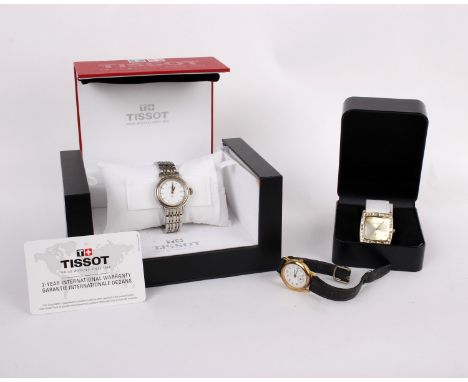 A Tissot ladies watch- Serial no. 14JA0606291. Together with a ladies Gossip watch and a ladies cocktail watch by Enigma Quar