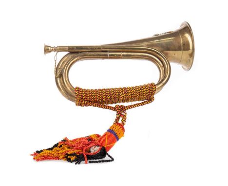 ROYAL LANCER'S BRASS BUGLE WWII PERIOD with regimental insignia and stamped London 194328cm long