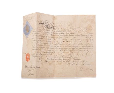 BRITISH ROYAL ARMY COMMISSION SIGNED BY QUEEN VICTORIA 27TH JULY 1891 signed upper left, with embossed seal and stamp, the co