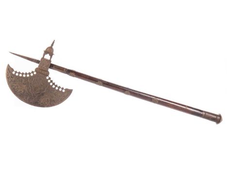 INDO-PERSIAN TABAR (AXE) LATE 19TH/EARLY 20TH CENTURY with spike top, the iron head cast with deities, with pagoda back, the 