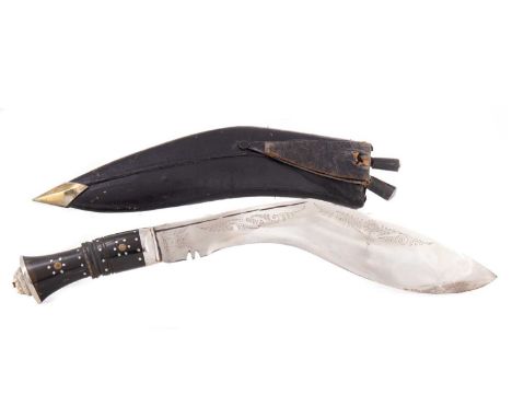 NEPALESE KUKRI 20TH CENTURY the curved steel blade with stipple engraved detail and inscribed INDIA, with studded horn grip t