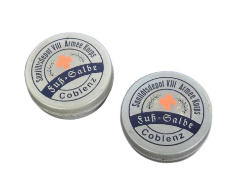 Two WWI First World War Imperial German / Prussian Army foot cream. The tins marked with medical Red Crosses, each measuring 