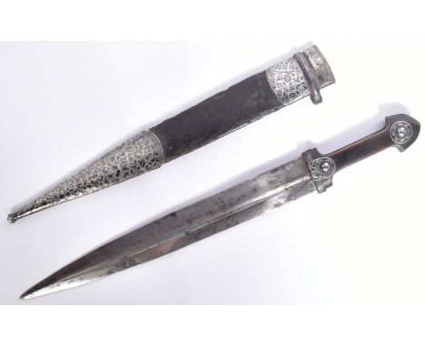 A 19th Century Imperial Russian Empire silver mounted Kindjal dagger. Waisted bone hilt, two rivets with Niello decoration, t
