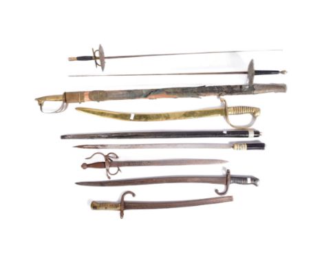 A collection of assorted swords and bayonets comprising; two 19th Century French 1866 pattern ' Chassepot ' rifle bayonets (o