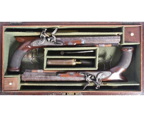 George Turner of Dublin - a rare cased set of early 19th century (c1812-1824) Irish flintlock duelling pistols. Octagonal bar