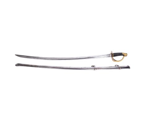 A 19th Century French Heavy Cuirassier Troopers sword. Canted brass pommel, leather and brass twist-wire grip and a x3 bar hi