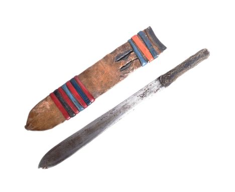 A vintage East African Maasai People tribal seme / machete. Ribber grip with a long leaf shaped blade housed in a hide leathe