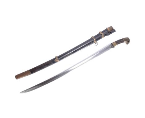 Early 20th Century Russian Shashka sword and bayonet. Hooked brass pommel, spiral wooden grip, curved fullered single edge pl