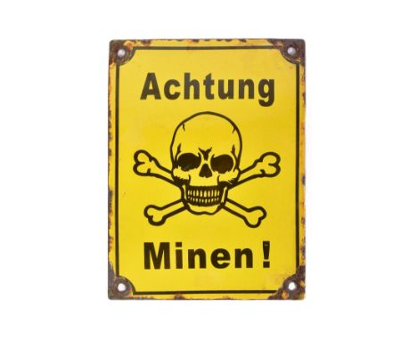A WWII Second World War Third Reich Nazi German mine warning sign. Yellow enamel with black ' Achtung Minen ' and a central s