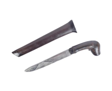 A 19th Century Indian knife with a hooked bone carved pommel and a Damascus steel blade housed in a wooden scabbard. Measures