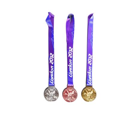 London 2012 Olympic Games - a collection of x3 replica London Olympics medals comprising gold, silver and bronze. All suspend