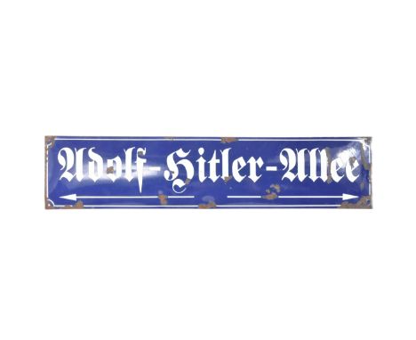A 20th Century WWII Second World War Third Reich interest street sign. Blue and white enamel with x4 holes to each corner. Me