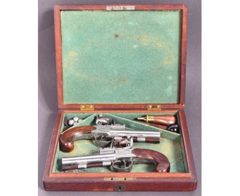 John Twigg of London - a pair of 19th century 38 bore flintlock box-lock pocket pistols. Fixed barrels, with twin iron ramrod