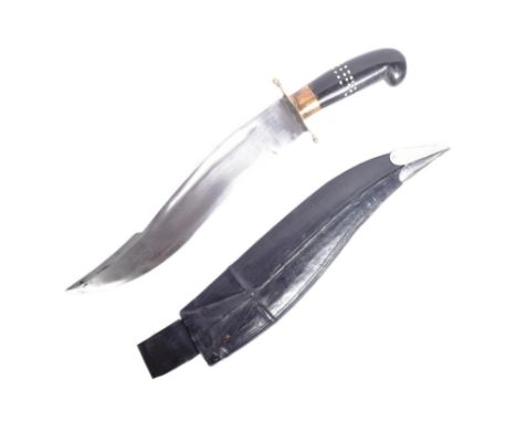 A vintage Indian variation of a Nepalese / Gurkhas Kukri knife. The knife having a hooked pommel with brass finial and smooth