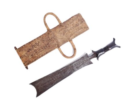 A vintage Central African / Congolese tribal Konda style sword. Wooden hourglass handle with a large pommel, downward facing 