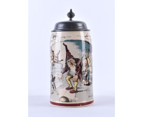 Villeroy &amp;amp; Boch, Mettlach Zwergenkrug Historismus um 1890cremefarbenes Steinzeug, von Heinrich Schlitt, signiert, far