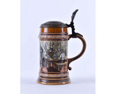 Bierkrug VILLEROY &amp;amp; BOCH METTLACH Ende 19.Jhd.farbig glasiertes Steinzeugmit Ritzdekor "Wirtshausszene", Entwurf Chri
